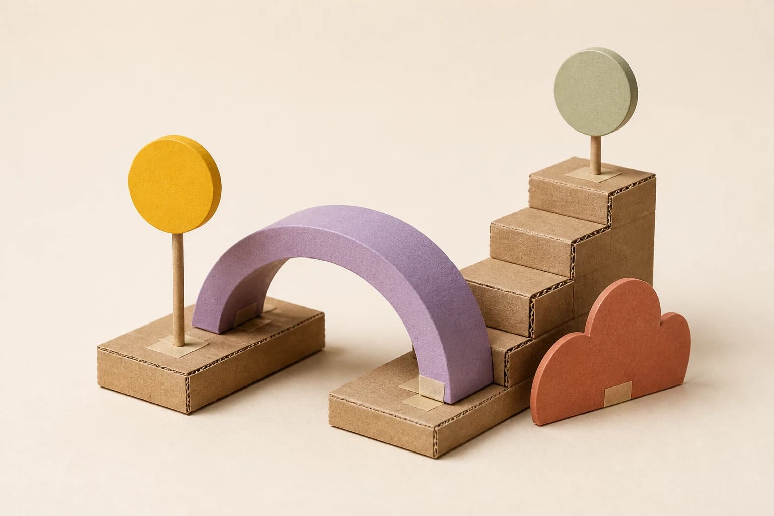 Diorama papercraft: arco lavanda ligando escada de papelão kraft a esferas em mostarda e sálvia